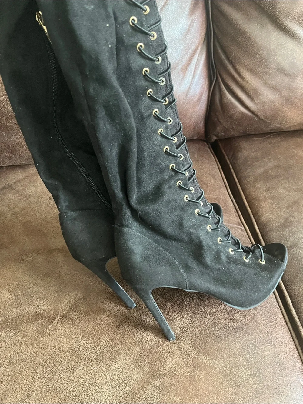 Black Over-the-Knee Lace-Up Stiletto Boots size 8